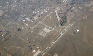 Aerial view of Colorado Springs Airport and Peterson Air Force Base in Colorado.