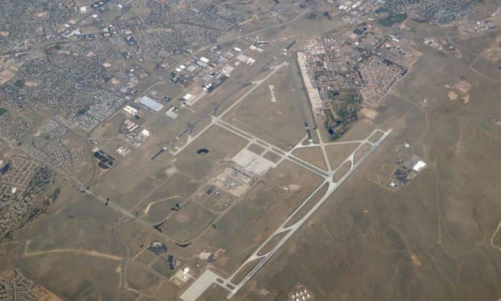 Aerial view of Colorado Springs Airport and Peterson Air Force Base in Colorado.