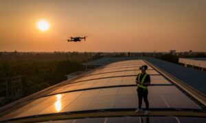 Drone surveying at sunset with operator controlling flight, showing how geomagnetic storms can impact GPS accuracy