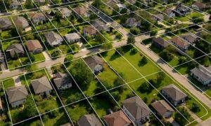 Aerial view of suburban neighborhood with property lines overlaid showing how property line surveys define land boundaries