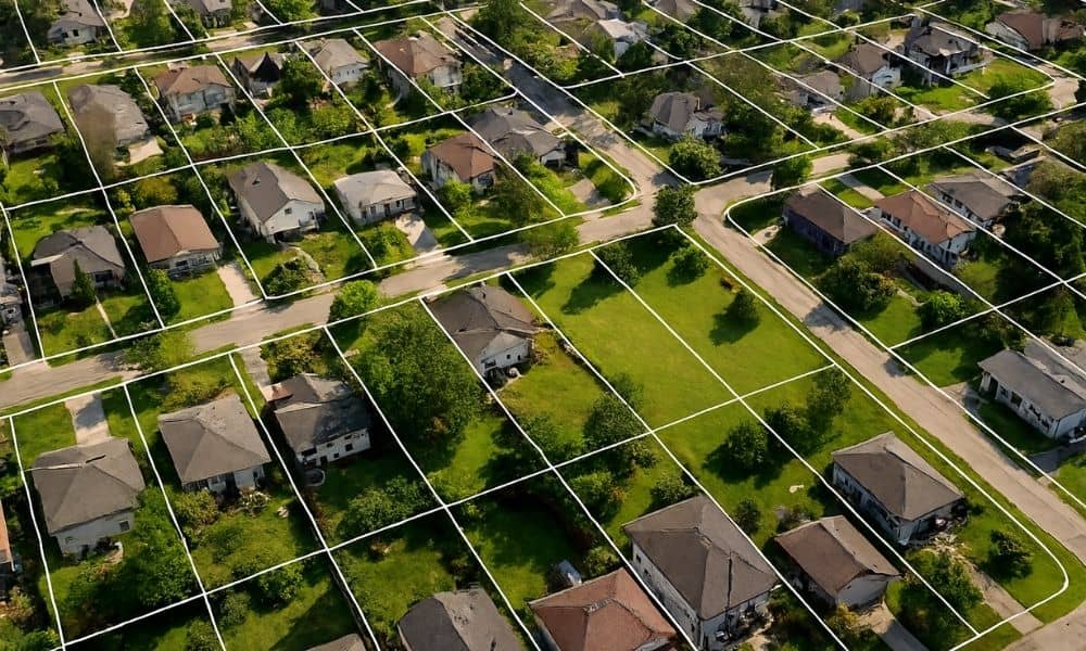 Aerial view of suburban neighborhood with property lines overlaid showing how property line surveys define land boundaries
