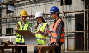 A civil engineering firm reviewing construction plans on-site to prevent costly project delays