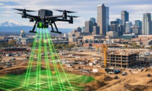 Drone performing LiDAR mapping construction project with skyline in the background