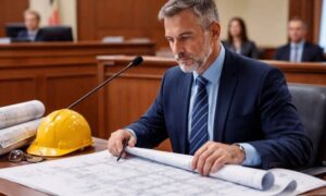 Engineer testifying in courtroom blueprints - ALTA SURVEY Colorado Engineering expert witness reviewing structural blueprints while testifying in a courtroom setting
