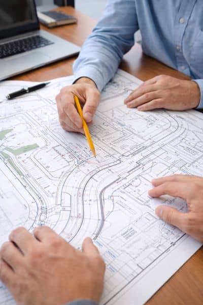 Engineer reviewing site plans blueprints - ALTA SURVEY Colorado Civil engineer reviewing site plans and blueprints to design safe access and traffic flow as part of a traffic engineer process