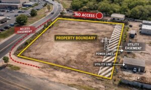 Commercial property survey boundary easement aerial - ALTA SURVEY Colorado Aerial view of a commercial site showing boundary lines, access routes, and easement areas identified in an ALTA land survey