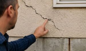 Homeowner examining a wall crack inside a house, showing signs that a structural engineer may be needed to assess foundation damage