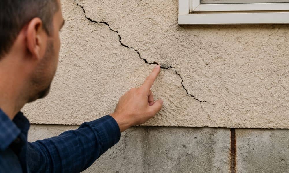 Homeowner examining a wall crack inside a house, showing signs that a structural engineer may be needed to assess foundation damage