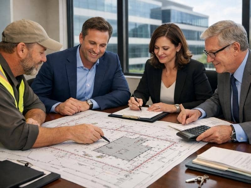Professionals reviewing an ALTA land survey before a commercial property closing