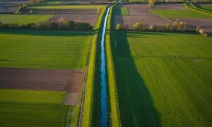 Aerial view of an irrigation ditch crossing agricultural land documented by a due diligence survey