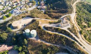 Aerial view of paths and surrounding property as a licensed surveyor maps a public land access easement exhibit