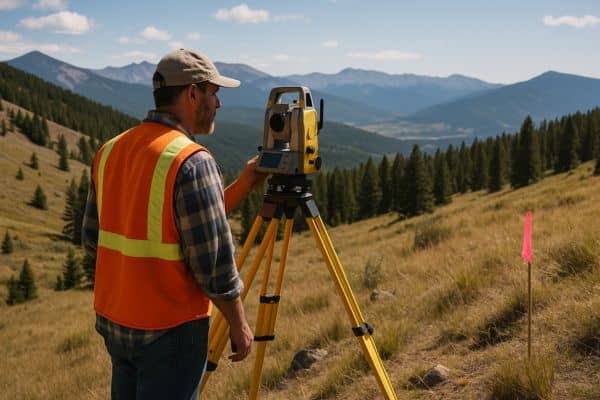 boundary survey colorado mountain surveyor - ALTA SURVEY Colorado Licensed land surveyor in Colorado using a total station to mark property lines in a mountainous area.