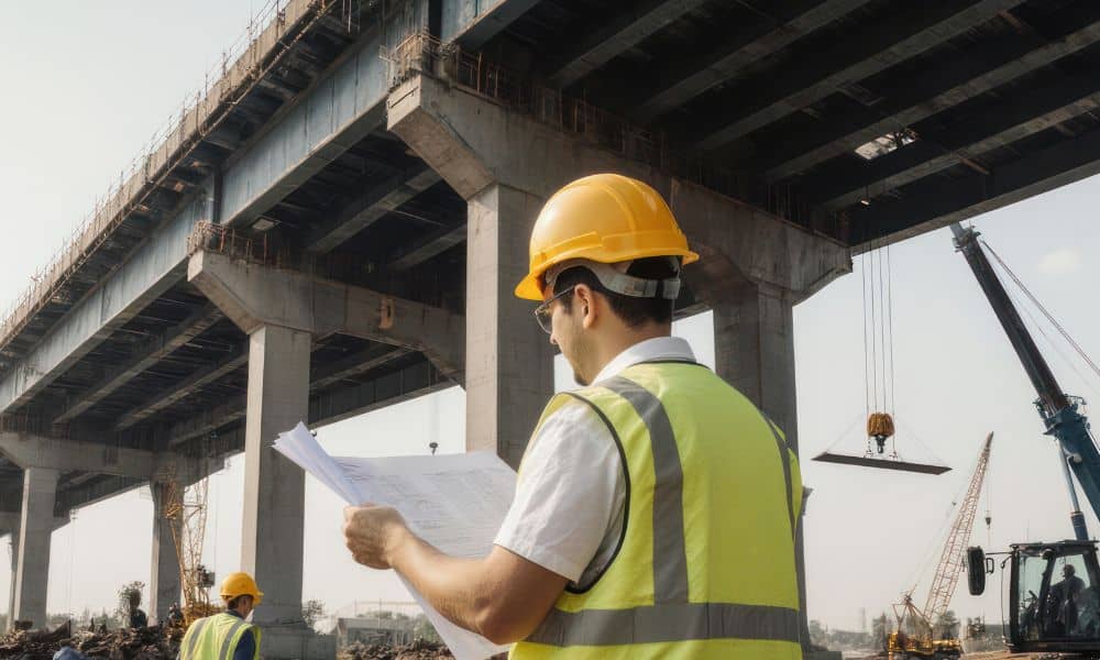 Civil engineer infrastructure planning - ALTA SURVEY Colorado Civil engineer reviewing blueprints under bridge structure during stormwater design and infrastructure planning project