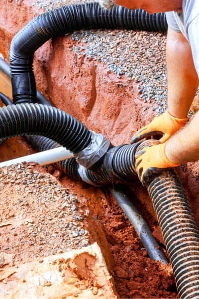 Worker installing drainage pipes as part of stormwater work in a land development project