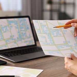 Survey map review on desk - ALTA SURVEY Colorado Homeowner reviewing maps and documents used in a property survey to check boundaries and lot details