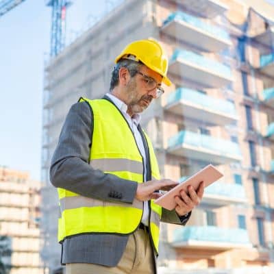 Engineer reviewing construction data on site - ALTA SURVEY Colorado Licensed engineer reviewing technical construction data on a tablet at an active building site to prevent costly mistakes