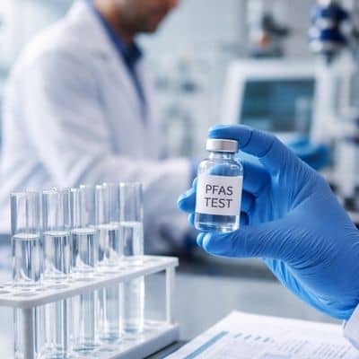 Pfas water sample laboratory testing - ALTA SURVEY Colorado Environmental engineer reviewing PFAS water sample results in a laboratory after recent EPA regulatory changes