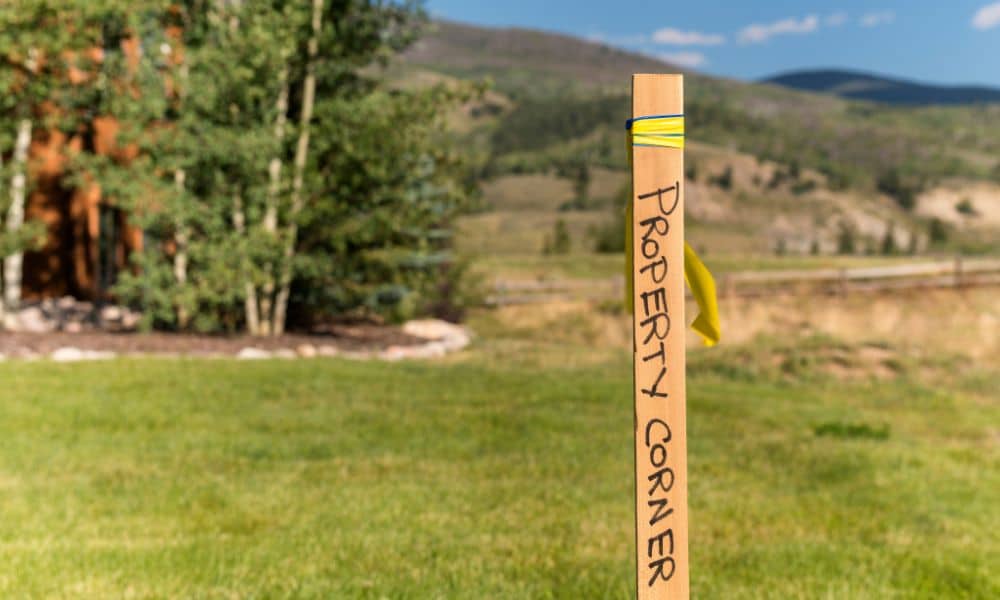 Property corner marker survey - ALTA SURVEY Colorado A cadastral surveyor's property corner marker, indicating the boundary line on a commercial land site.