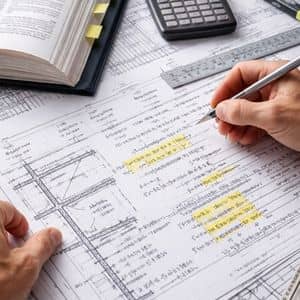 Structural calculations and blueprints desk - ALTA SURVEY Colorado Detailed structural calculations and marked blueprints prepared by an engineering expert witness for courtroom testimony