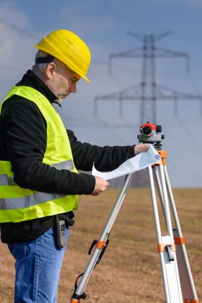 Surveyor measuring land development site - ALTA SURVEY Colorado Surveyor collecting site measurements during project management planning for a development project