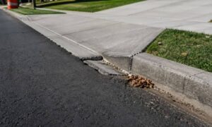 Uneven driveway and curb connection after roadwork showing height mismatch in a residential street