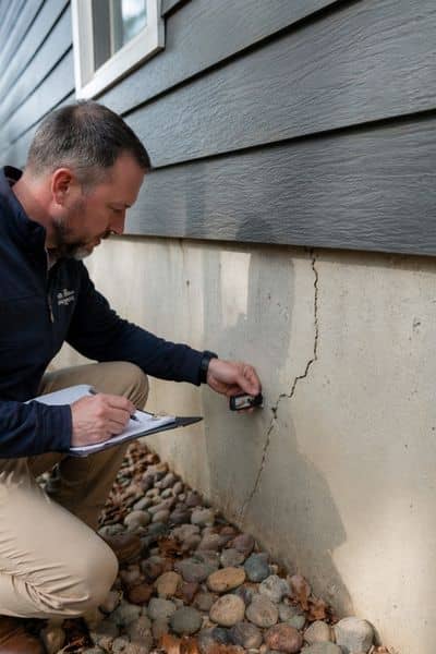 Structural engineer inspecting a residential foundation and checking for cracks to assess possible structural issues
