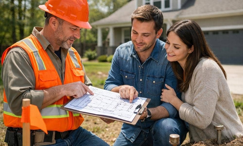 Land surveyor reviewing a boundary survey map with homebuyers beside property corner markers before closing on a home