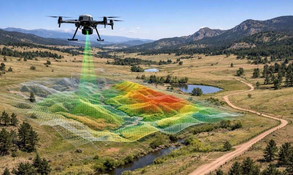 Drone lidar mapping large ranch - ALTA SURVEY Colorado Drone LiDAR mapping over a large ranch creating a detailed elevation model for land planning, drainage analysis, and site development