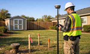 Licensed land surveyor at property - ALTA SURVEY Colorado A licensed land surveyor uses GPS equipment to measure a residential property while marking the boundary before a home sale
