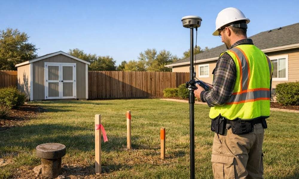 A licensed land surveyor uses GPS equipment to measure a residential property while marking the boundary before a home sale