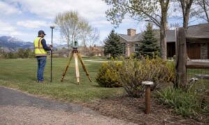 Property line survey colorado springs - ALTA SURVEY Colorado A surveyor conducting a property line survey near an old boundary marker in a Colorado Springs residential yard