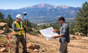 Surveyor and architect reviewing a topographic survey on a sloped home site before the design process begins
