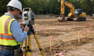 Construction staking before excavation - ALTA SURVEY Colorado Construction staking surveyor marking excavation points with survey stakes before digging begins