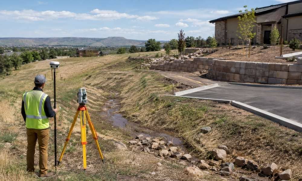 Surveyor collecting topo survey data near a drainage swale and sloped site in Colorado Springs, Colorado